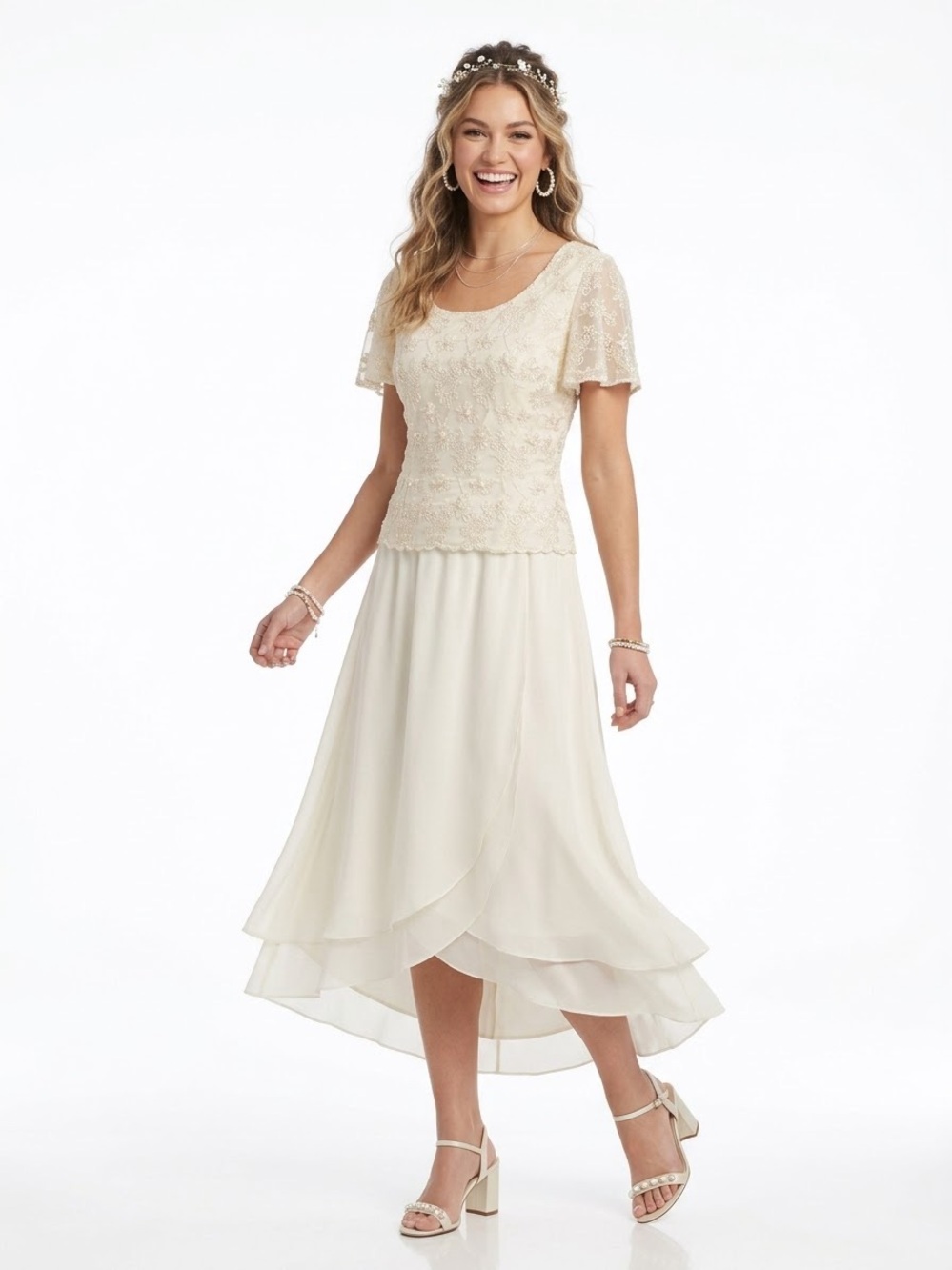Karen Miller New York Ivory Lace Beaded Mother of the Bride Maxi Dress Size 12